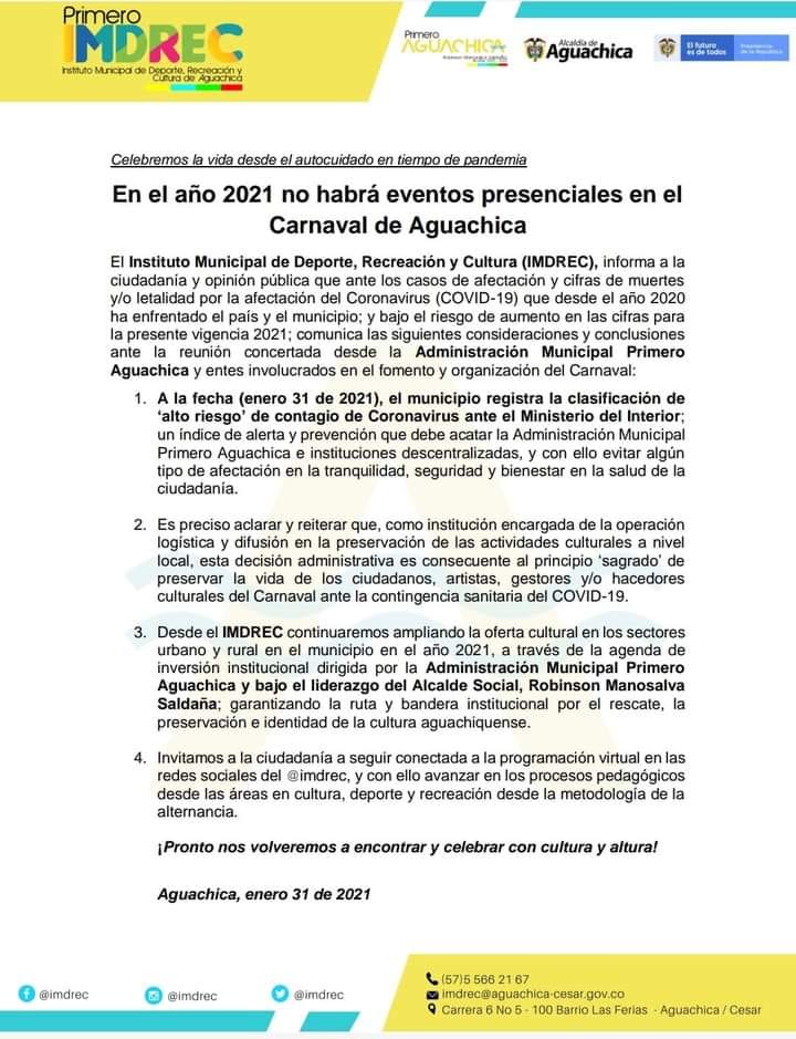 En 2021 no habrá carnavales en Aguachica