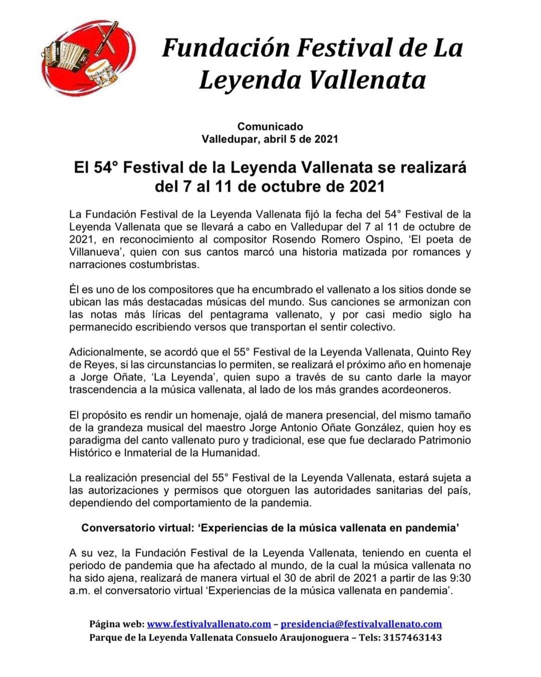 El 54º Festival de la Leyenda Vallenata se realizará del 7 al 11 de octubre de 2021