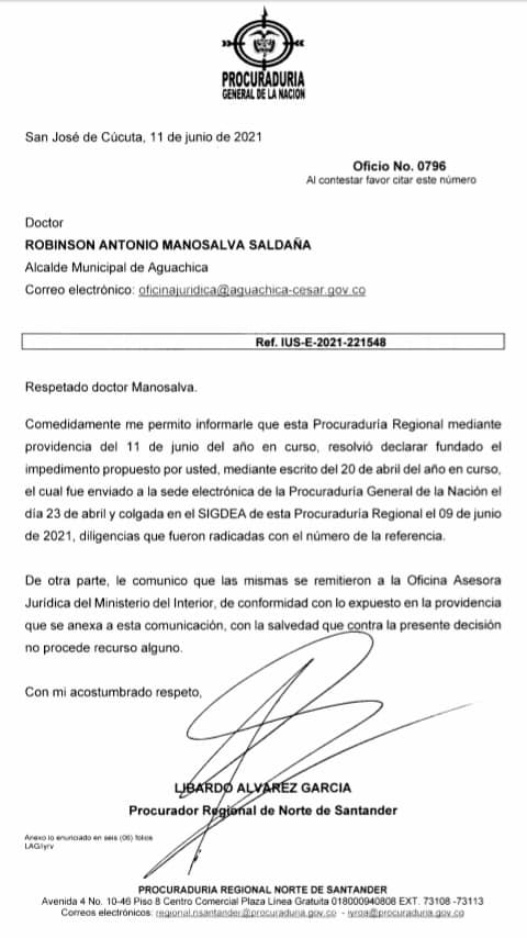 Con pronunciamiento de Procuraduría, avanza proceso revocatorio contra el alcalde de Aguachica