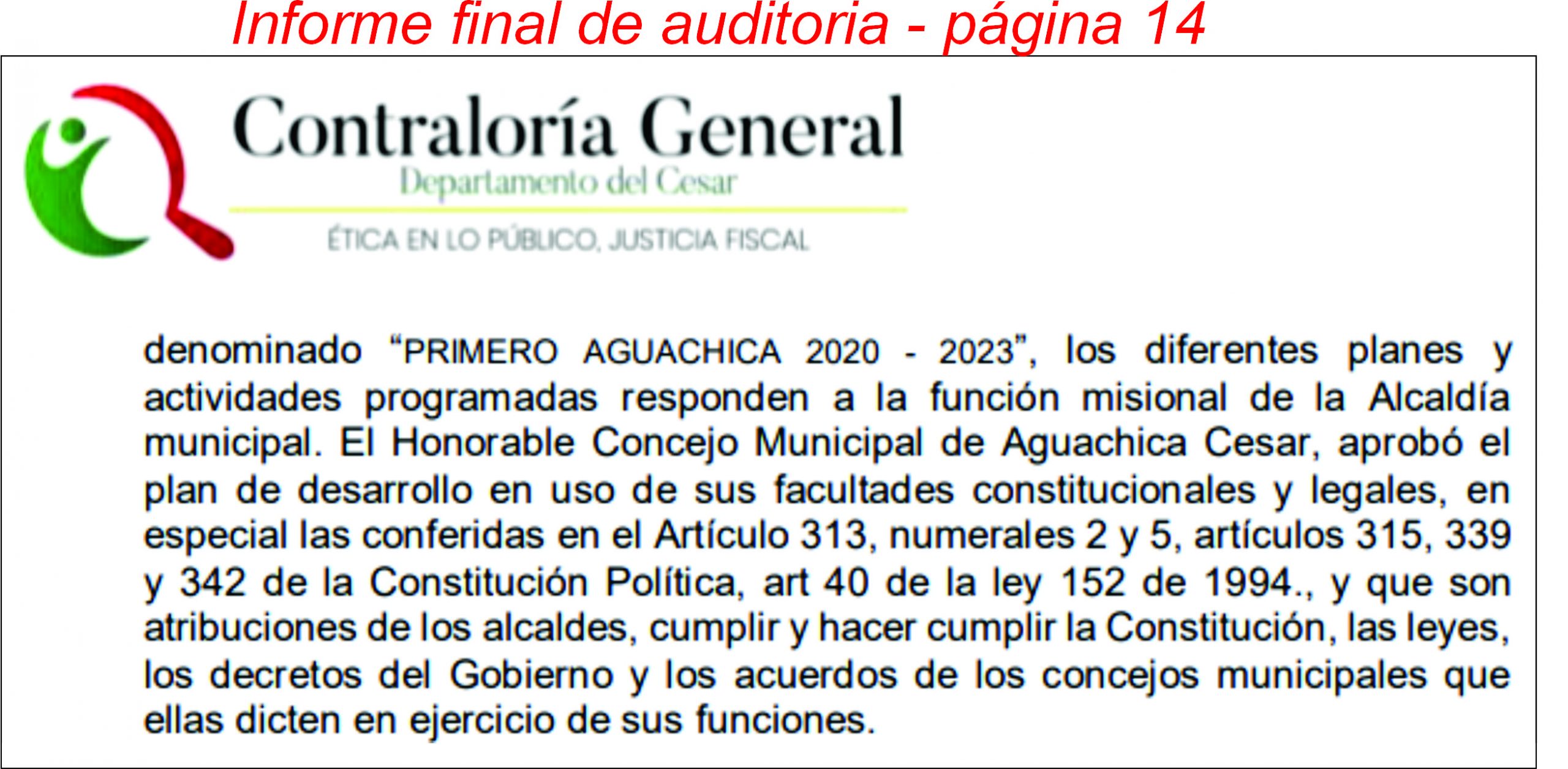 Contraloría encontró 14 irregularidades en la alcaldía de Aguachica