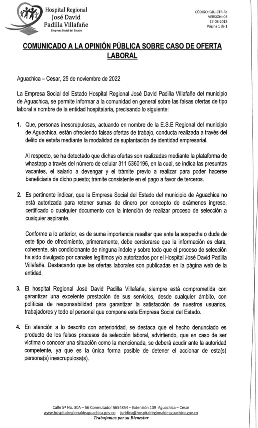 COMUNICADO A LA OPINIÓN PÚBLICA