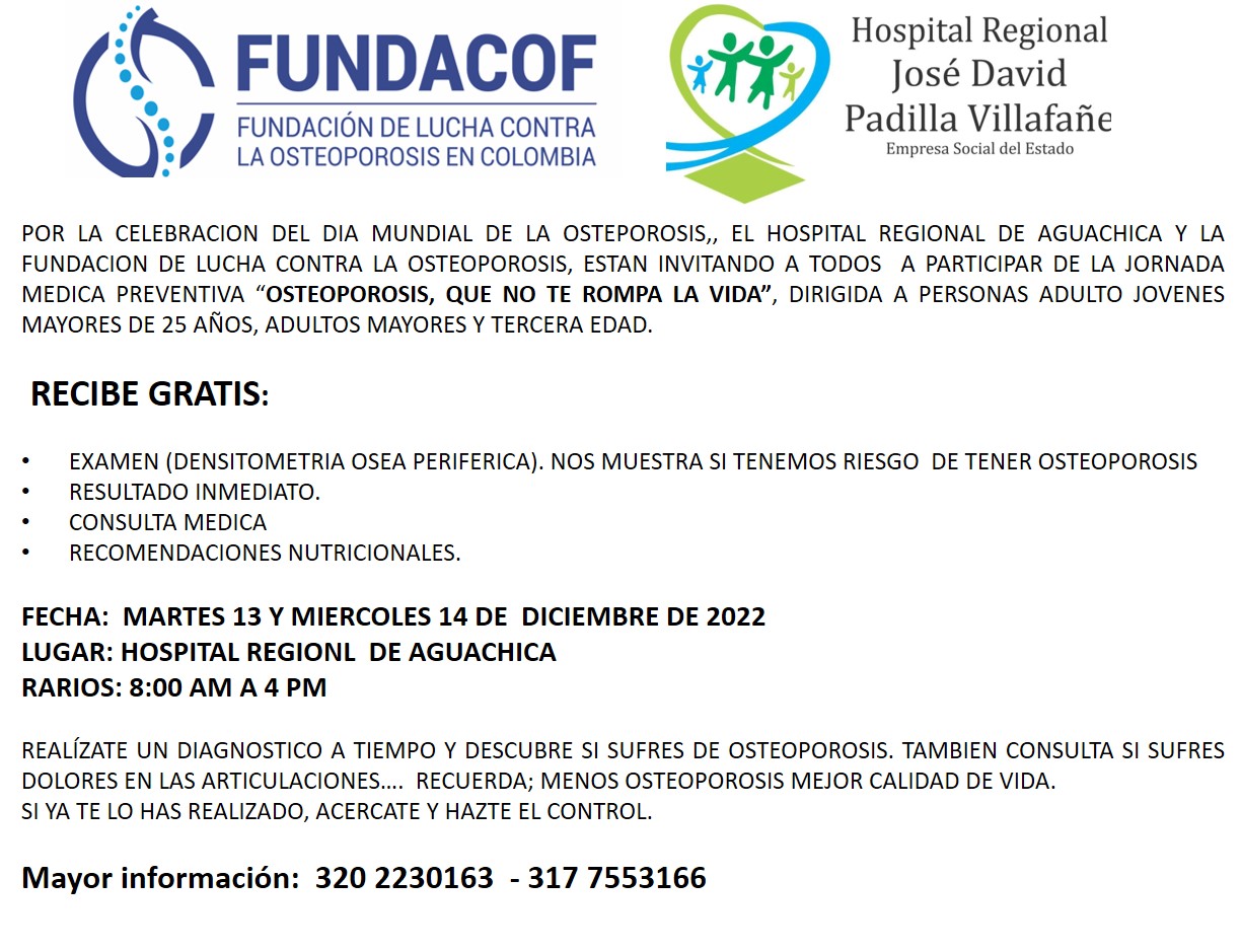 Jornada contra la Osteoporosis se desarrollará el 13 y 14 de diciembre en el Hospital Regional José David Padilla Villafañe